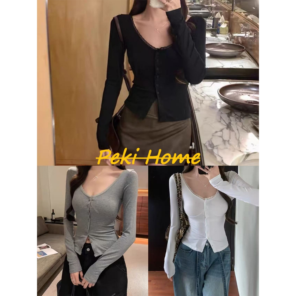 เสื้อยืดแขนยาวคอเหลี่ยม ดีไซน์เข้ารูป สไตล์สาวหวาน