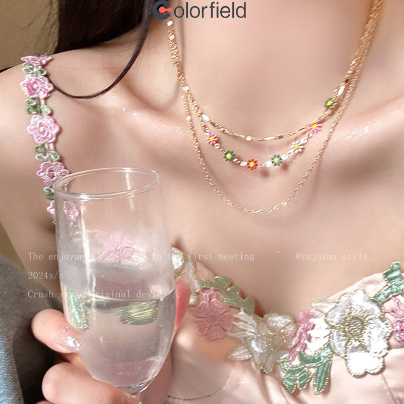 Colorfield เกาหลีแฟชั่นสร้อยคอเดซี่สีสันสดใสผู้หญิงสีทอง ไม่หลุดลอก ปรับได้ อิน ของขวัญวันเกิดนักเรียน -COD