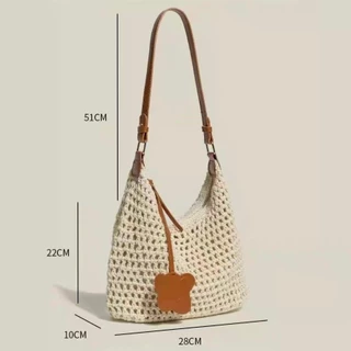B214)กระเป๋าเกาหลีใหม่ กระเป๋าสาน กระเป๋าผู้หญิง สินค้าฮิต มีจี้ เชือกฝ้ายถักโครเชต์ งานฝีมือประณีต(จัดส่งจากกรุงเทพ)