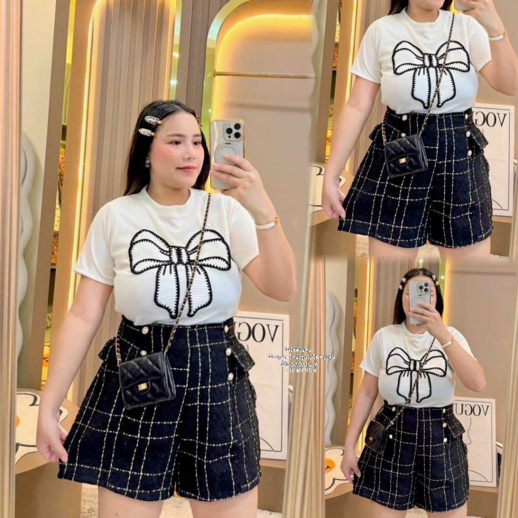 💛SET เสื้อผ้าร่องโบว์กระต่าย+กางเกงทวิตน่ารัก💛#สาวอวบ