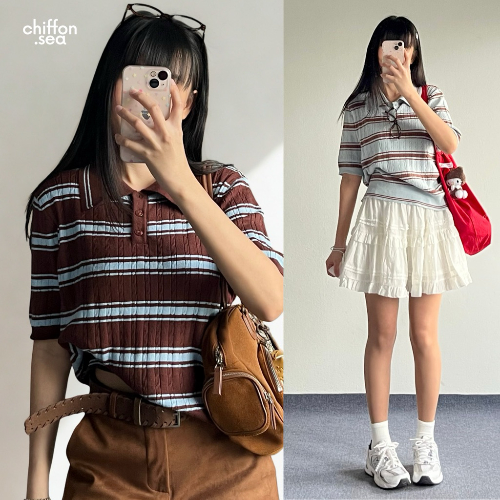 Chiffon.sea | Juno polo เสื้อโปโลไหมพรมลายทาง (ลดเหลือ 351.- ส่งฟรี กดซื้อทาง live) พร้อมส่ง