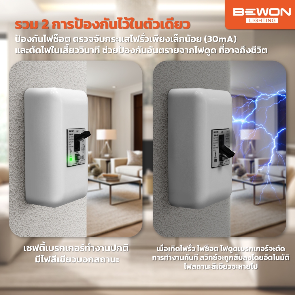 Bewon เบรกเกอร์ 2P RCBO ป้องกันไฟดูด ไฟรั่ว ไฟช็อต ไฟเกิน ขนาด 16A 20A และ 30A - รูปที่ 2