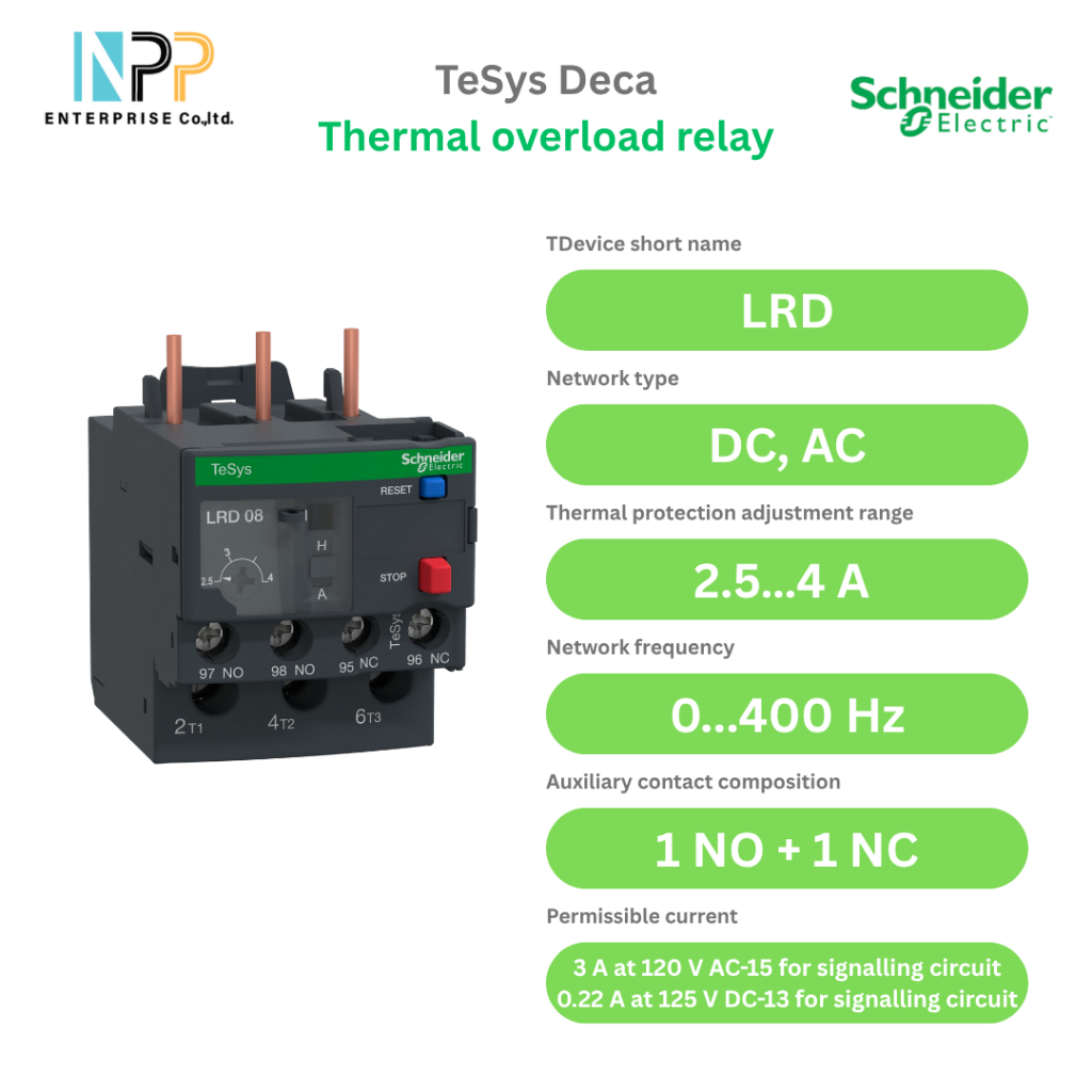 Thermal overload relay, TeSys Deca, 690VAC, 3P, 2.5 to 4A, 1NO+1NC, class 10A, screw clamp (LRD08)