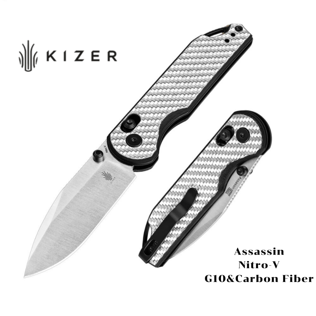 Kizer Assassin แท้100% ใบเหล็กNitro-V ด้ามจับG10 Carbon Fiber V3549A3 EDC