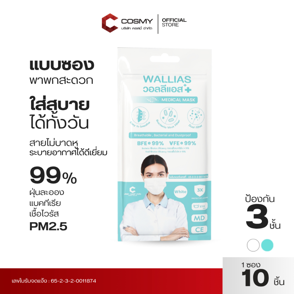 Wallias หน้ากากอนามัยทางการเเพทย์ แมส หนา 3 ชั้น กล่อง 50 ชิ้น กันฝุ่น PM2.5 ใส่สบาย