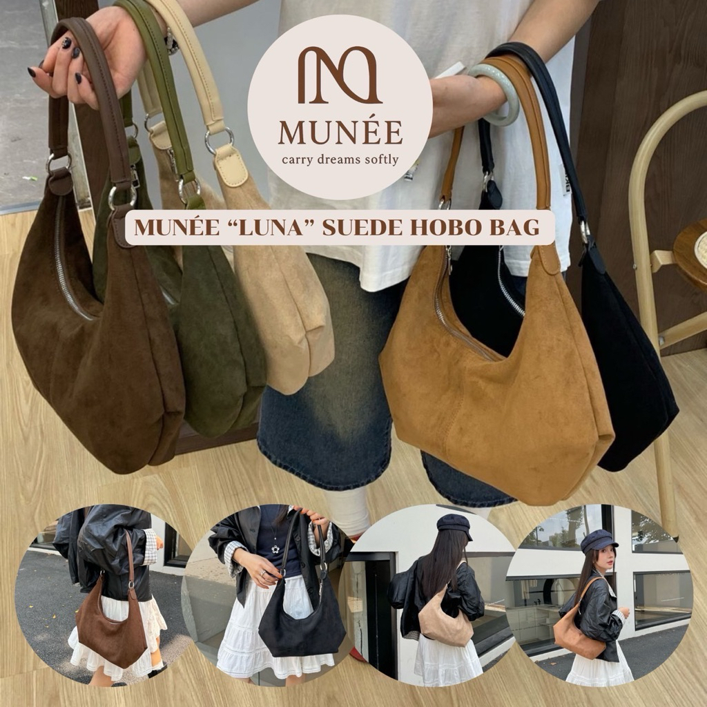 MUNÉE LUNA Suede Hobo Bag กระเป๋าสะพายไหล่ผู้หญิง กระเป๋าใส่เอกสาร