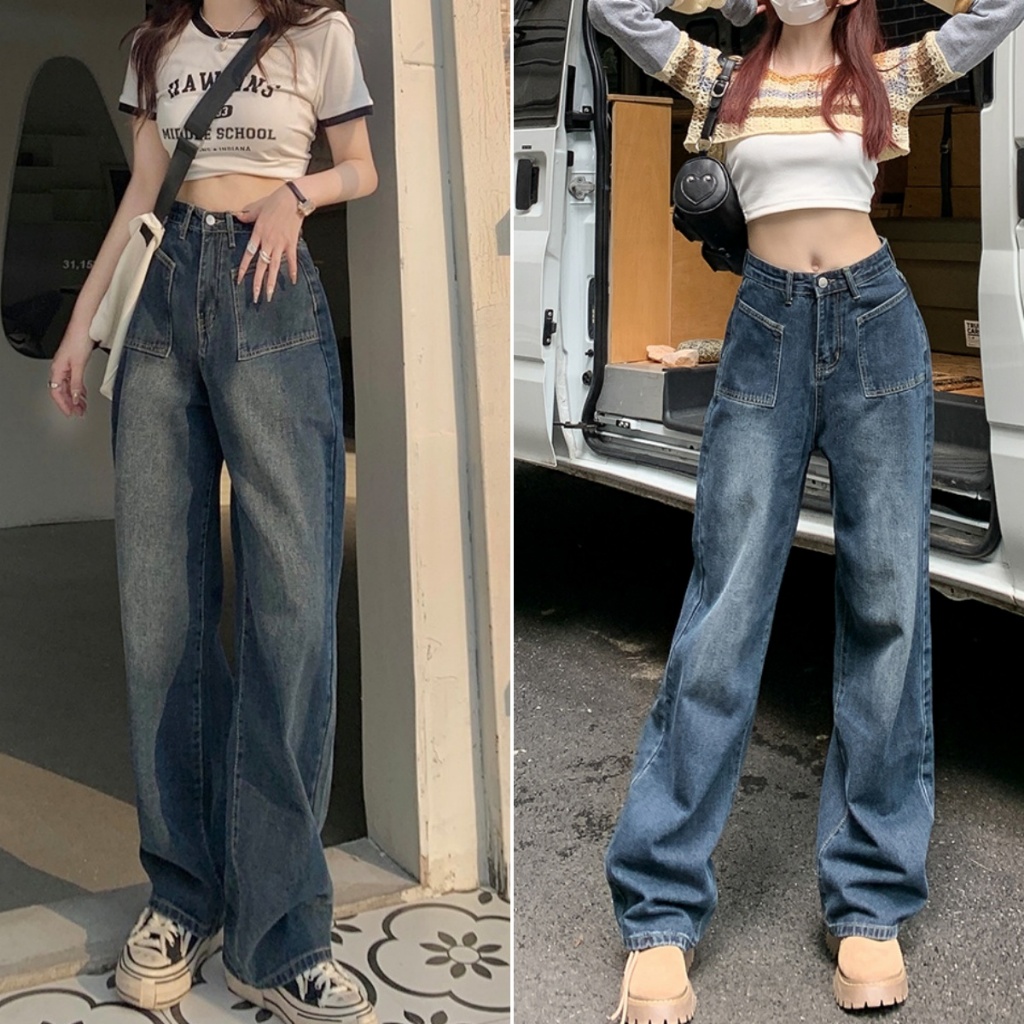 cherryshop พร้อมส่ง S-XL กางเกงยีนส์ขายาวเอวสูง กางเกงยีนส์ขายาวทรงทรงกระบอก แฟร์ชั่น สไตล์เกาหลี