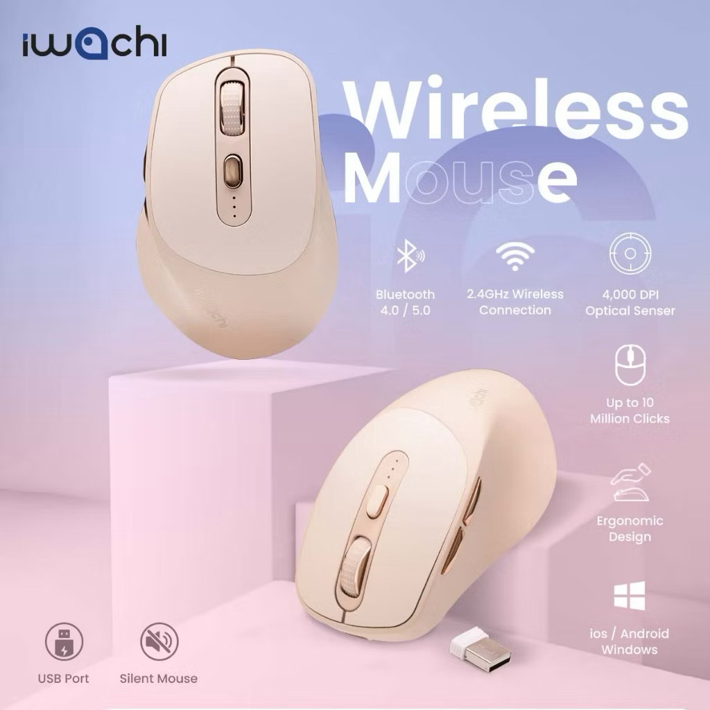เมาส์ไร้สาย  Ergonomic Mouse IWACHI i6 สีชมพู เสียงคลิกเงียบ ไร้เสียงรบกวน