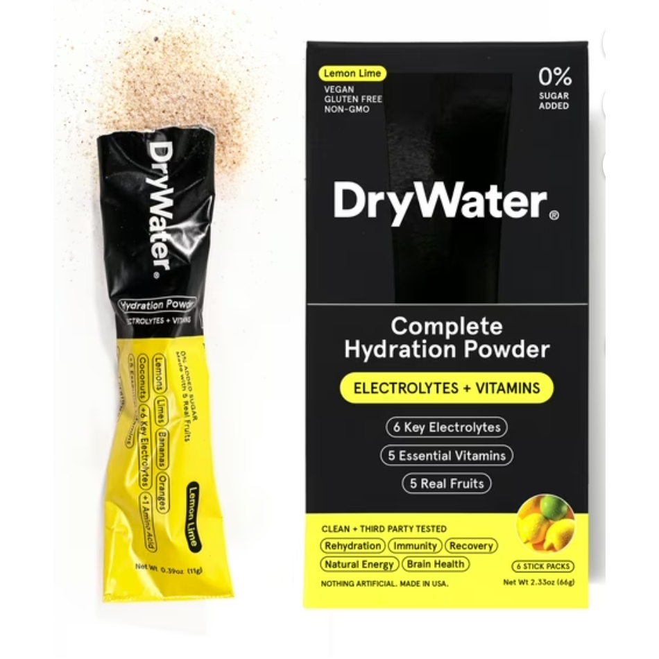 DryWater Hydration Powder (Electrolytes + Vitamins) , Lemon Lime, 6 Pack