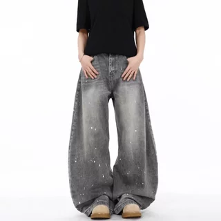 toki- กางเกงยีนส์ผู้ชาย ทรงตรง ทรงหลวม สีเทา กระบอกใหญ่ทรงบอลลูน Unisex ไซส์ M-3XL สไตล์อเมริกันวินเทจ baggy jeans