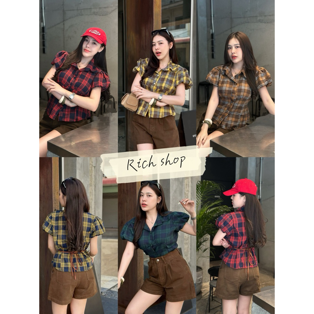 เสื้อคอปก ลายสก็อต (แขนตุ๊กตา) 🪵 **แต่งผูกหลัง!!