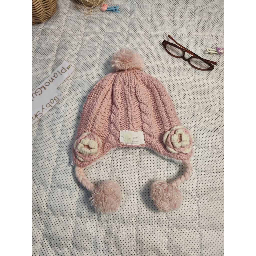 หมวกเด็กไหมพรมสีชมพูแบรนด์ Coeur A Coeur รอบหัว50-52Cm ส่งต่อของใช้เด็กแบรนด์ญี่ปุ่นมือสอง