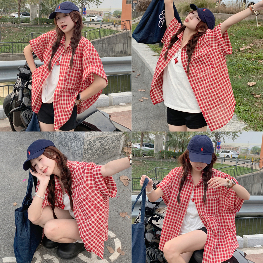 เสื้อเชิ้ตลายสก็อตผู้หญิง ทรงเรโทร ปกตั้ง ลำลอง ทรงหลวม ผ้าใส่สบาย ไม่อึดอัด