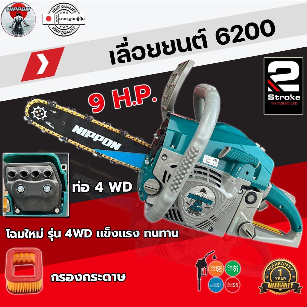 เลื่อยยนต์ เครื่องเลื่อยไม้ ยี่ห้อNIPPON รุ่นใหม่6200(4WD) ไฮสปีดแท้ ลูกสูบ46 มิล 9แรงม้า คมกริบ รับ