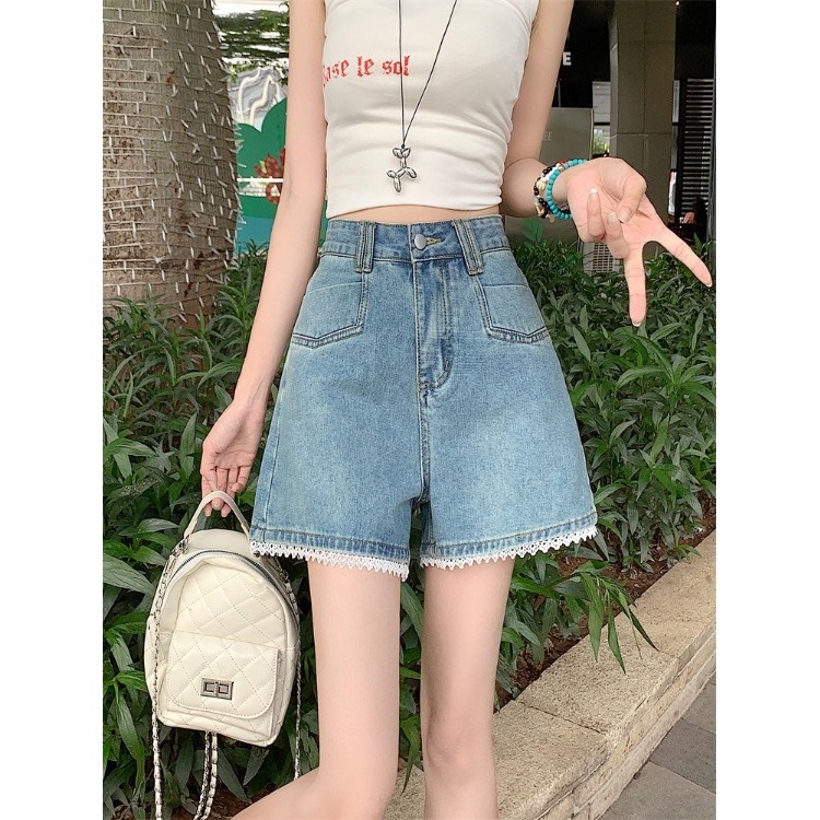 GHAOHES กางเกงยีนส์สั้นสีน้ำเงินเข้ม ทรงA-lineเอวสูง แต่งลูกไม้ กางเกงฮอตขากว้าง#6606 รูปที่ 5