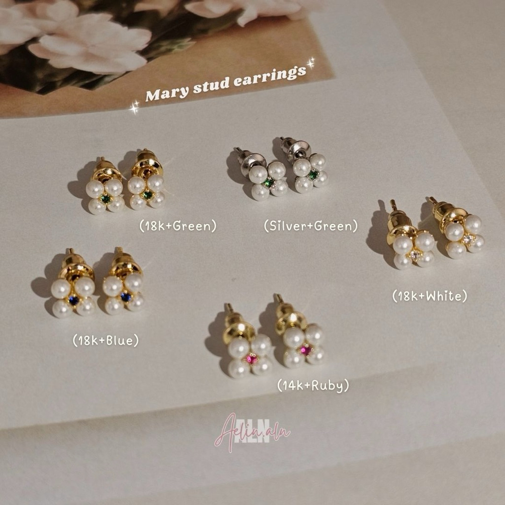 Mary stud earring - Aelin.ALN ต่างหูไข่มุกสีรูบี้ ต่างหูมุก 5สี #S7-08