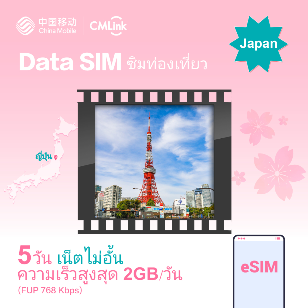eSIM! CMLink Data Sim ซิมท่องเที่ยวญี่ปุ่น 5 วันเน็ตไม่อั้น