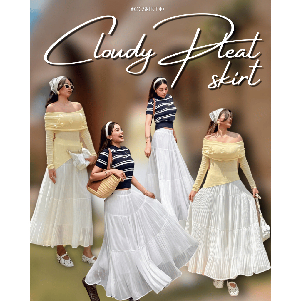 Chuuclothing Cloudy pleat skirt  [พร้อมส่ง สีฟ้า / ดำ / ขาว] เก็บโค้ดหน้ากิจกรรม