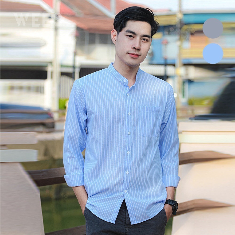เสื้อเชิ้ตผู้ชาย คอจีน ลายริ้วฟ้า เทา สุภาพ ใส่สบาย WEES Thailand