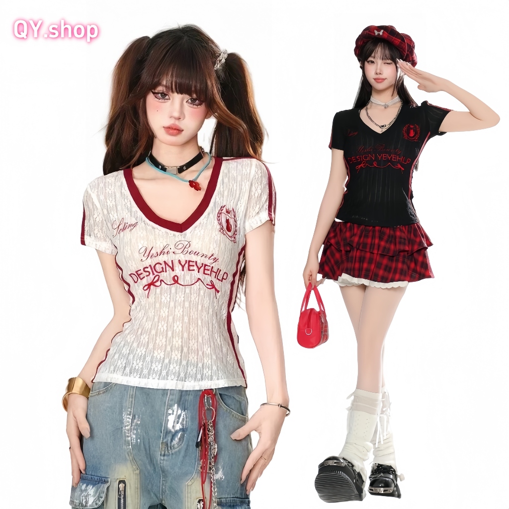 QY.Shop เสื้อยืดผู้หญิง เซ็กซี่ เสื้อคอวี แขนสั้น ใส่สบายมาก ดีเทลลายเท่ซีทรูบางเบาลายลูกไม้ "FY4776"