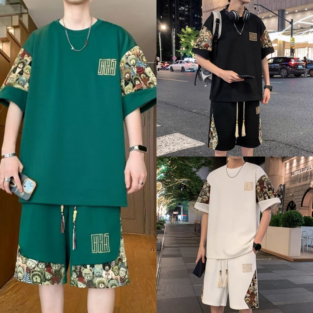 🆕COD🆕ชุดSet2ชิ้น ชุดแฟชั่นชายเสื้อทีเชิร์ต (แขนสั้น + กางเกงขาสั้น)  นุ่มลื่น ใส่สบาย ไม่ร้อน ไม่อึดอัด 3 สีใหม่ให้