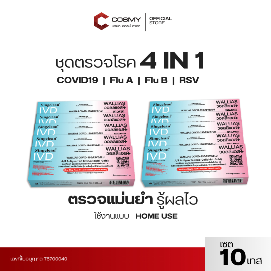 [เซต 10,20,50 เทส] ชุดทดสอบ 4 สายพันธุ์ Wallias 4in1 COVID-19 & RSV & FLU A/B Antigen Test Kit (พร้อ