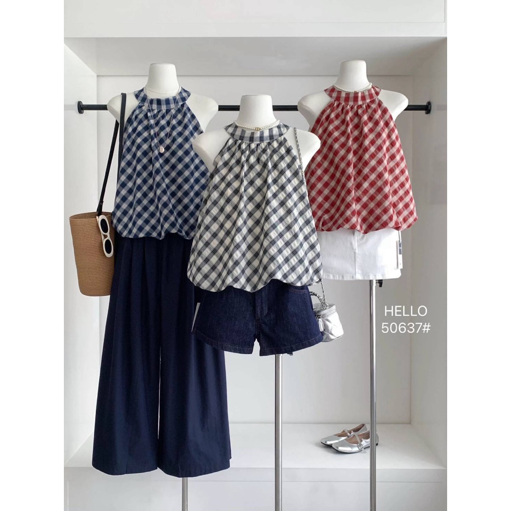 50637# เสื้อบอลลูน คอกลมไหล่ล้ำ ผ้าลายสก็อต งานซับในทั้งตัว