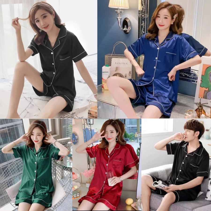 🌈โค๊ดลดผู้ติดตามใหม่🎀พร้อมส่ง4️⃣ ชุดนอนผ้าซาติน ใส่สบาย คอปกมีกระดุมมีกระเป๋า แขนสั้น-ขาสั้น ไซส์ใหญ่ S5