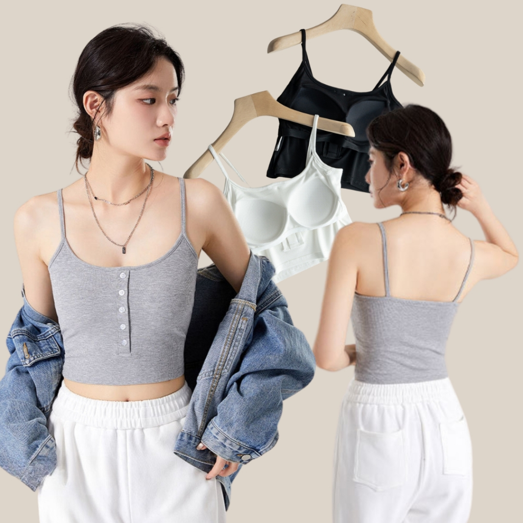 Kixi Camisole สายเดี่ยวทรงครอป กระดุมกลางอก มีบราในตัว ไม่ต้องใส่บรา ไม่ต้องติดซิลโคน สะดวกสบายขึ้น