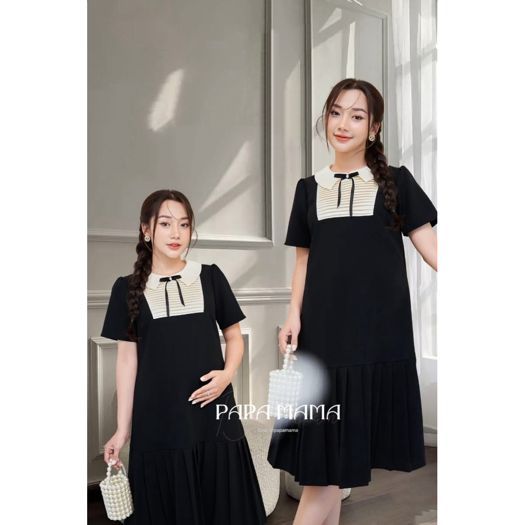 BV1 เดรสคลุมแขนสั้นแต่งโบกลางอก เดรสคลุมท้องใส่ทำงาน