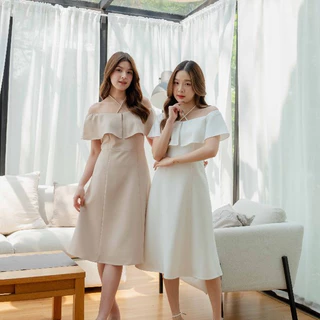 PNK020 Iris Dress✨ เดรสเปิดไหล่ กระโปรงบาน สายผูกคอ ออกงาน ไปงาน Pinky Dressy
