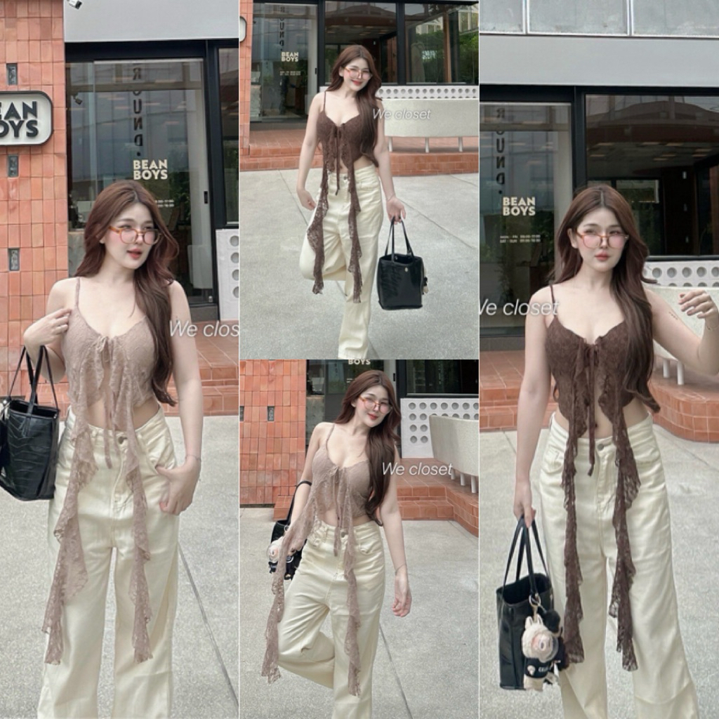 💕Shopbypuy💕สายเดี่ยวผูกหน้าผ้าลูกไม้ปลายระบายยาว🎈อกเสริมฟองน้ำ