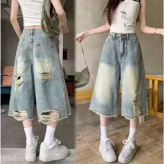 Swan shop กางเกงยีนส์ขา6ส่วนผู้หญิง ทรงหลวม เอวสูง สไตล์วินเทจ แต่งขาดแฟชั่น