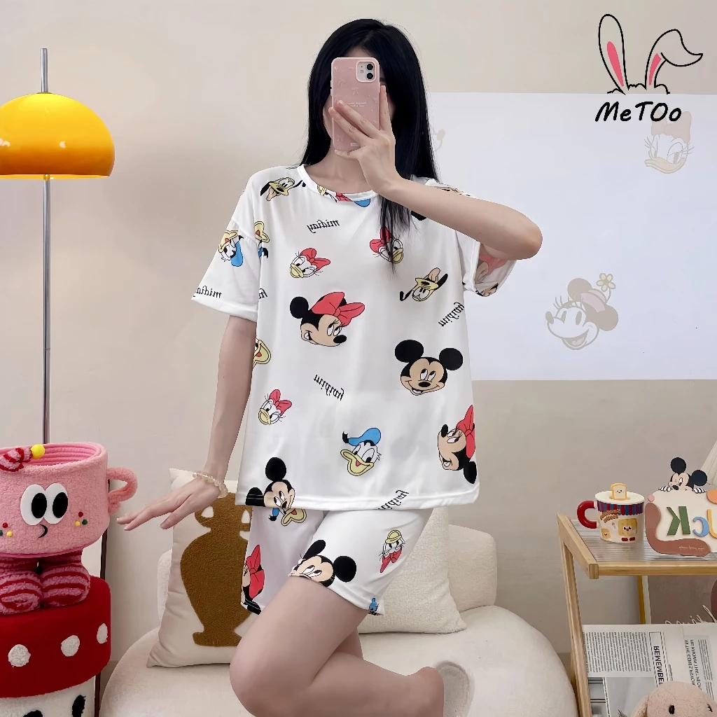MeToo ผ้าฝ้ายสไตล์ญี่ปุ่นชุดนอนผู้หญิงแขนสั้น ทรงหลวมมีหลายสีผ้าลื่นๆใส่นอนไม่ร้อนระบายอากาศได้สบาย ชุดนอนคอกลม+กางเกงนอ thumbnail 3
