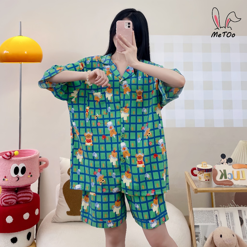 MeToo ชุดนอนผ้าไหมญี่ปุ่น แขนสั้นขาสั้น ลายมินิมอล ผ้าบางผ้านิ่มใส่สบายมาก ผู้หญิง ชุดนอนคาร์ดิแกน + กางเกงนอน