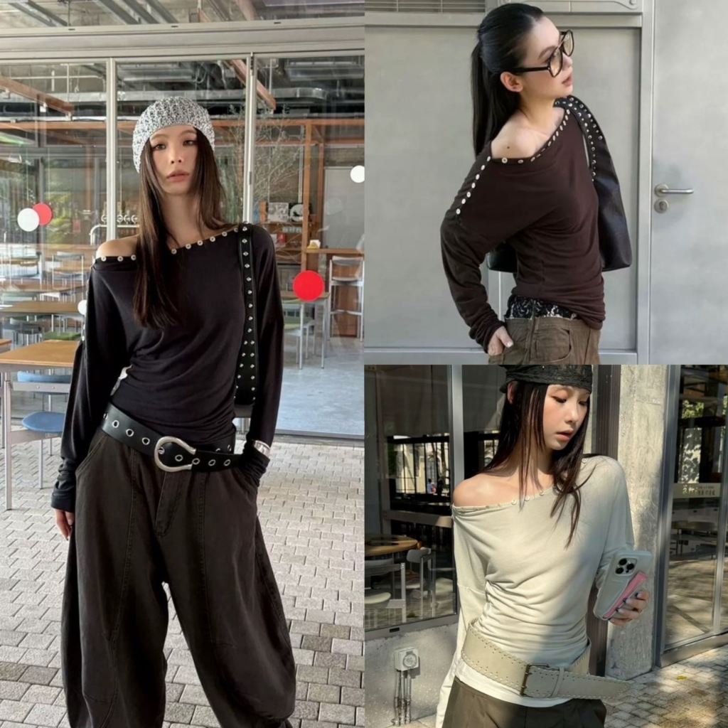 (พร้อมส่ง) BUTTON TOP เสื้อไหล่ปาดแต่งกระดุมรุ่น 25T433 TAG MM FISH 🇰🇷