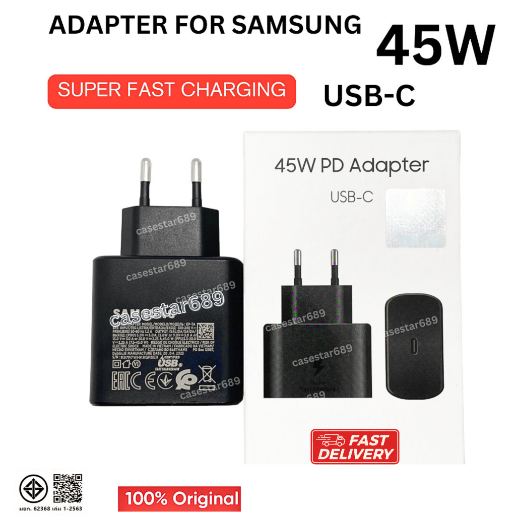 หัวชาร์จแท้ สำหรับSamsung 45W S23 Ultra S23+ Tab S8 Tab S8+ Tab S9 S22 Ultra S22+ S20 Ultra Tab S7+ 
