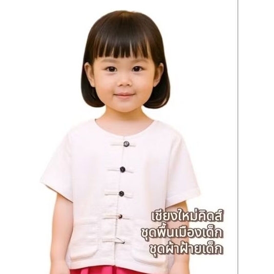 เสื้อกาสะลองเด็ก แขนสั้นกระดุมกะลา สีดิบธรรมชาติ