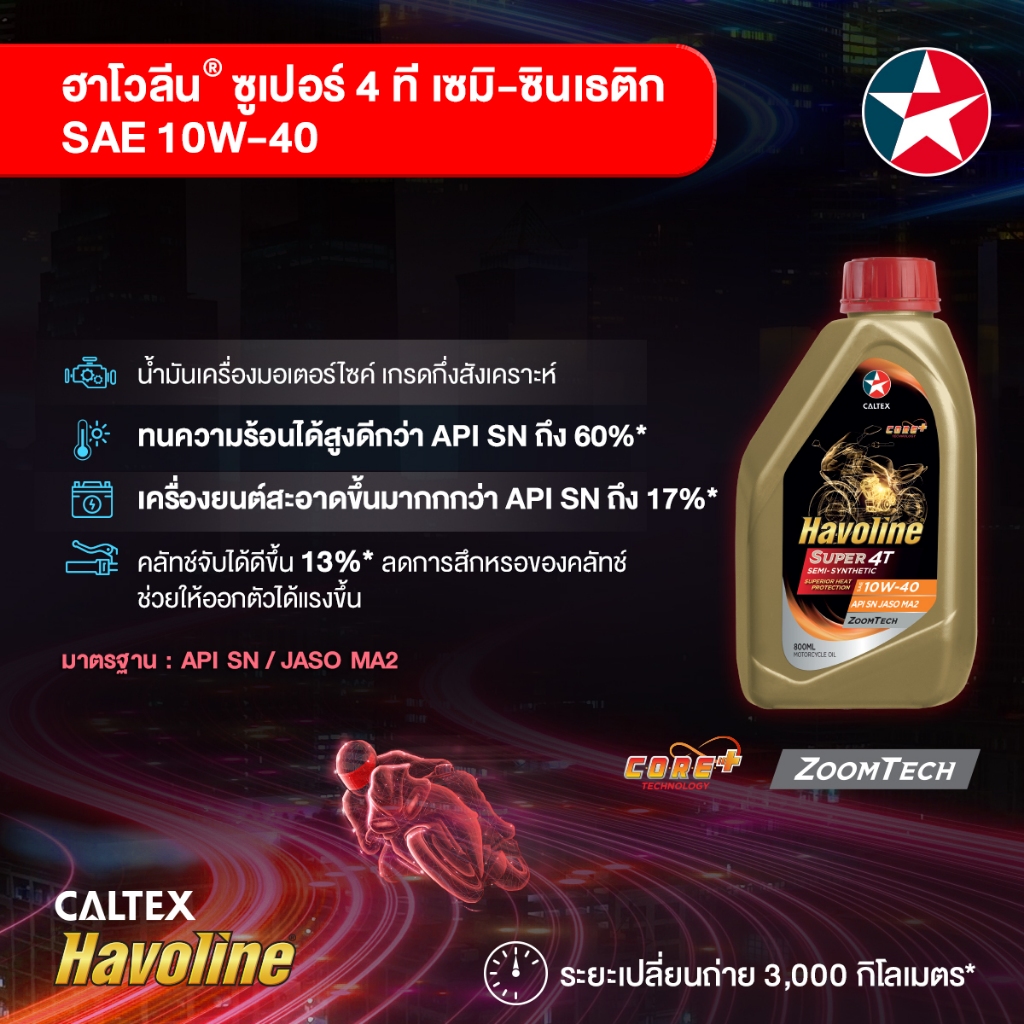 Caltex น้ำมันเครื่องมอเตอร์ไซค์ เกียร์ธรรมดา ฮาโวลีน® ซูเปอร์ 4ที ฟูลลี่ เซมิ ซินเธติก กึ่งสังเคราะห์ 10W-40 (800 มล.)