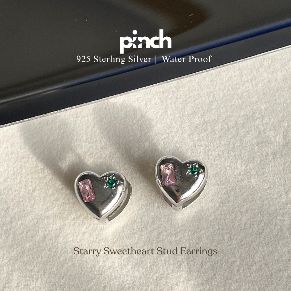 Pinch - Starry Sweetheart Stud Earrings ต่างหูหัวใจประดับพลอยชมพู เงินแท้ silver 925
