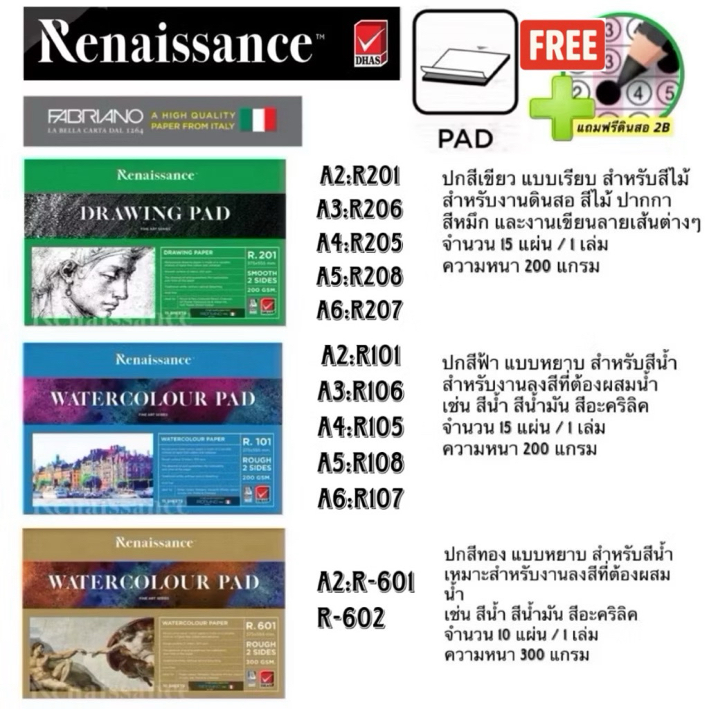 Renaissance สมุดวาดรูป วาดเขียน วาดภาพ 🆓 แถมฟรีดินสอ 2B 🆓 เรียบ หยาบ ขนาด A2 A3 A4 A5 A6 เหมาะกับ สีไม้ สีน้ำ สีโปสเตอร์