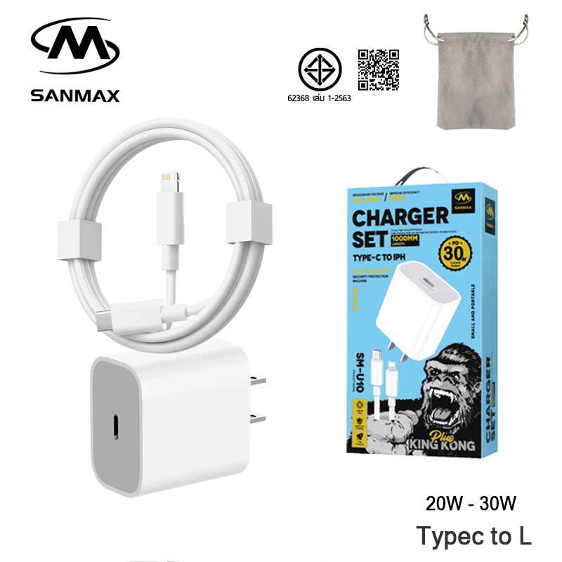 รับประกัน1ปี SANMAX ชุดชาร์จ 30w 20w หัวชาร์จ สายชาร์จ Typec ชาร์จเร็ว ใช้งานได้กับทุกยี่ห้อ สำหรับ i5 - i16 ซัมซุง