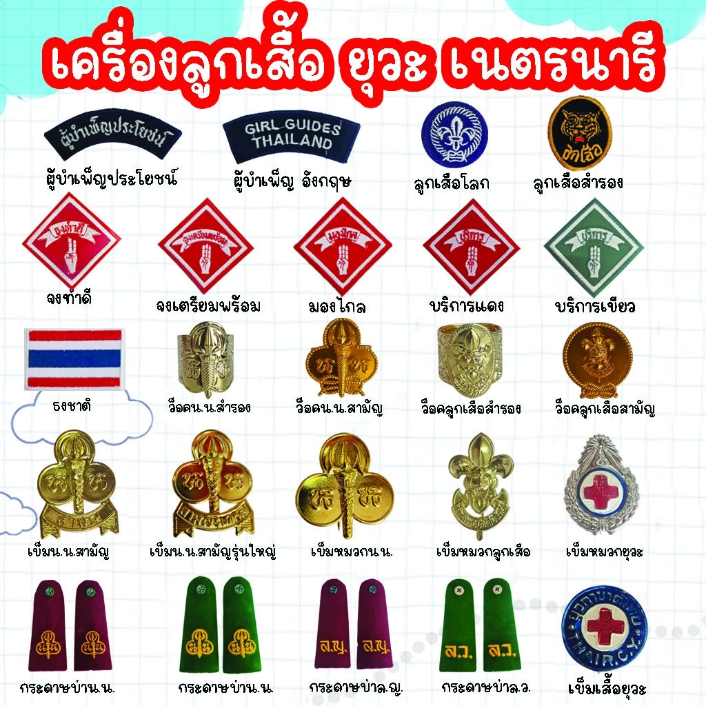 อุปกรณ์ลูกเสือ อุปกรณ์เนตรนารี อุปกรณ์ยุวกาชาด สำรอง สามัญ เครื่องแบบลูกเสือ เครื่องแบบเนตรนารี เครื่องแบบยุวกาชาด