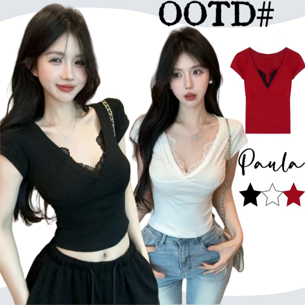 Paula  พร้อมส่ง❣️เสื้อยืดแขนสั้นผู้หญิง💋เสื้อครอป ทรงรัดรูป ผ้ายืด เซ็กซี่ แฟชั่นสีพื้น คอวี ขอบลูกไม้น่ารัก สไตล์เกาหล