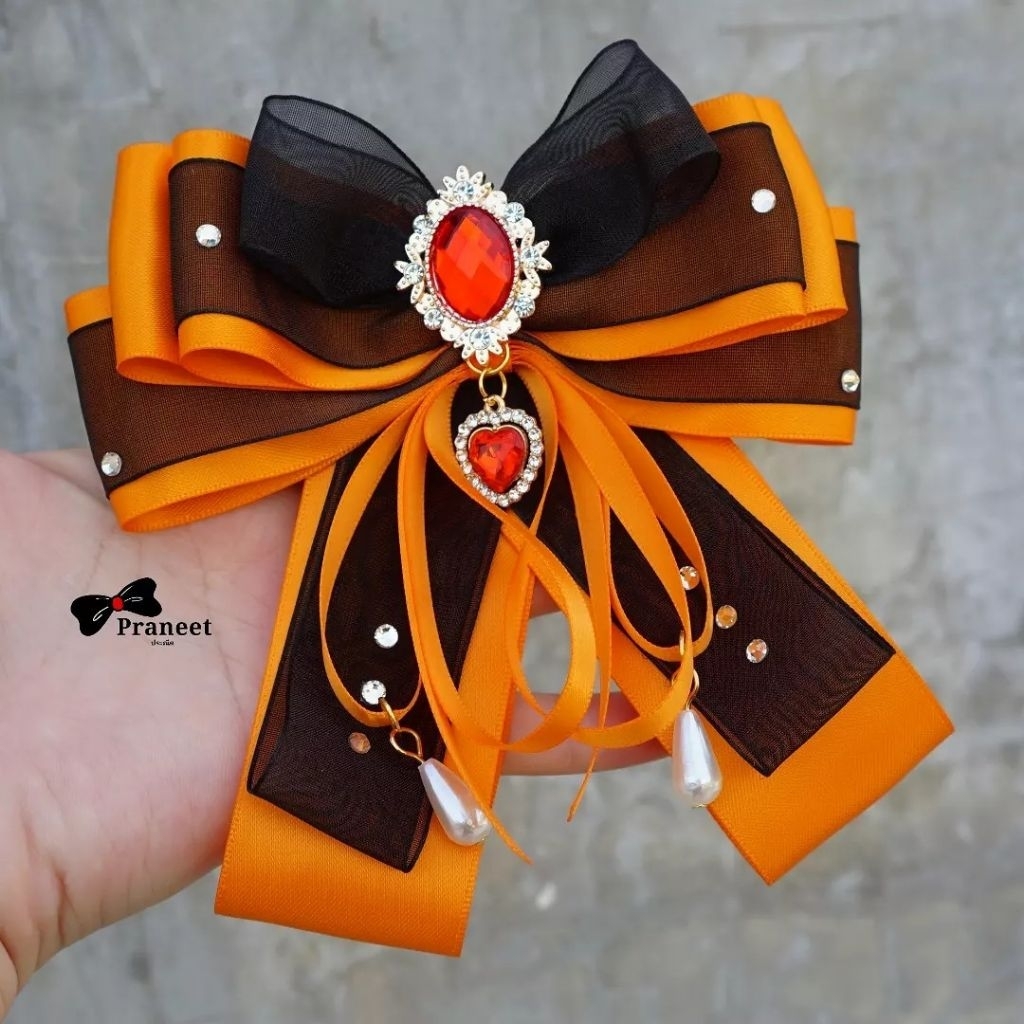 โบว์ติดผม/โบว์ติดแท่งไฟ สีส้ม-ดำ