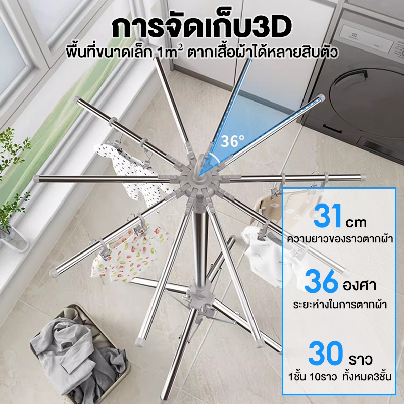⚡กันสนิม ราวตากผ้า สแตนเลส ราวแขวนเสื้อผ้า ราวแขวนผ้า หมุน360°ได้ ปรับสูง-พับเก็บได้ ประหยัดพื้นที่ ใช้ง่ายในคอนโด-บ้าน - รูปที่ 4