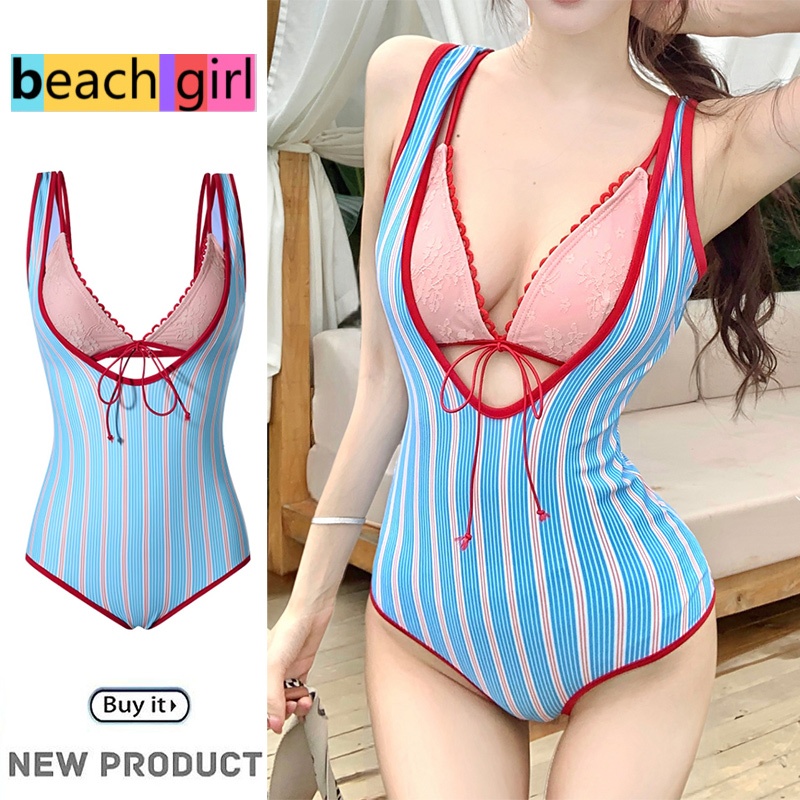 💮beachgirl💮สีฟ้า ชุดว่ายน้ำวันพีซลายทาง ชุดว่ายน้ำแฟชั่น สไตล์เกาหลี sexy โชว์หลัง ทรงสลิมฟิต beach