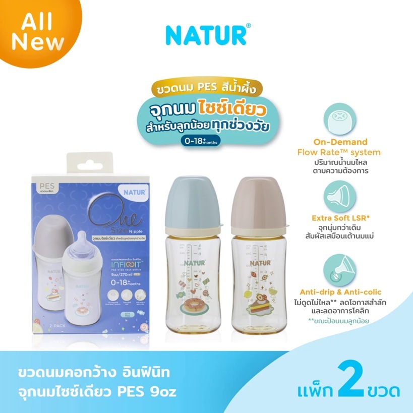 NATUR เนเจอร์ INFINIT ขวดนมอินฟินิท PES 9oz แพ็ก 2 ขวด พิมพ์ลายขนมหวาน