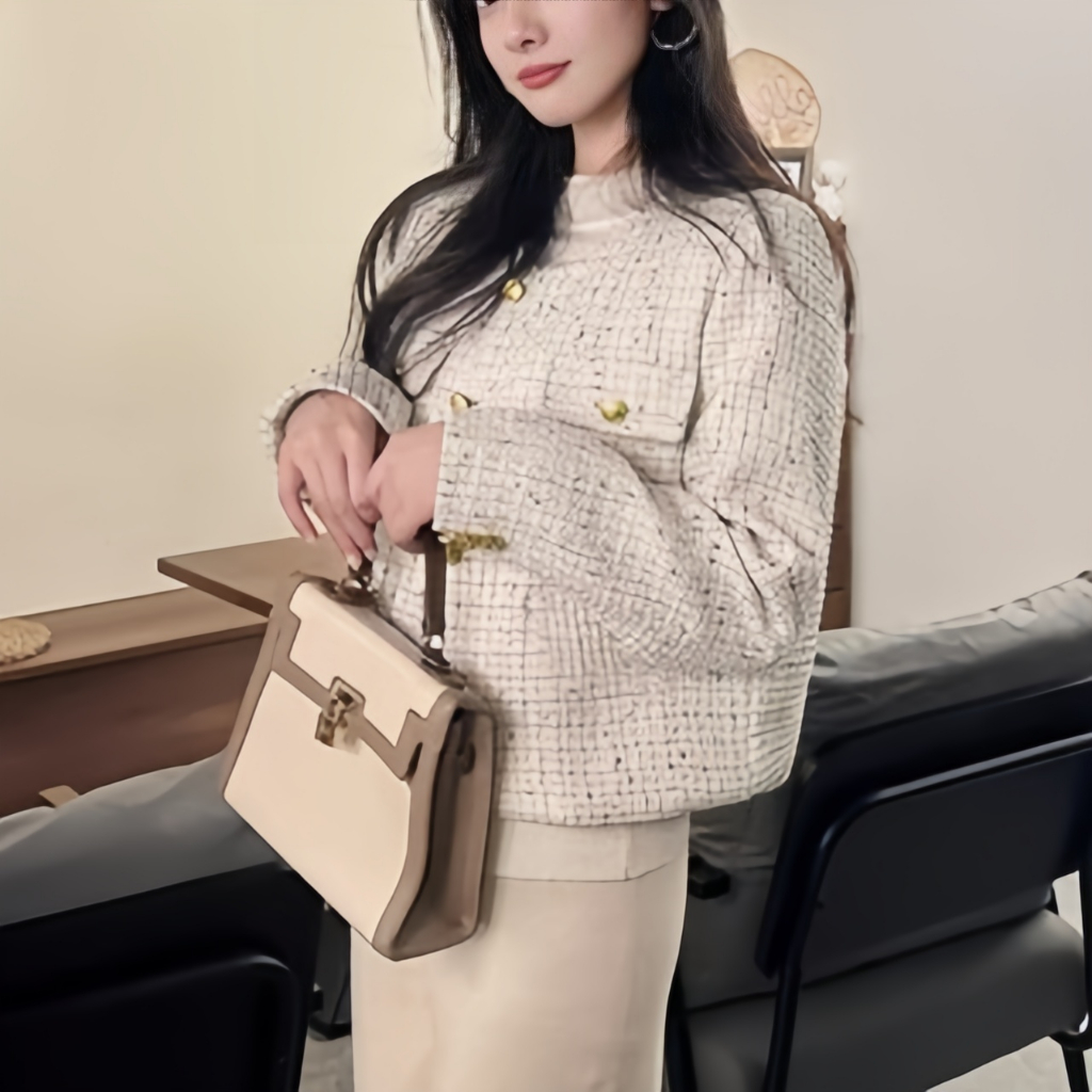 อ๊อฟ ขาว เสื้อคลุม สไตล์หรูหรา เสื้อแขนยาว ผู้หญิง แจ็คเก็ต มีกระเป๋า ทวิต คาร์ดิแกน กระดุม เบลเซอร์  XL