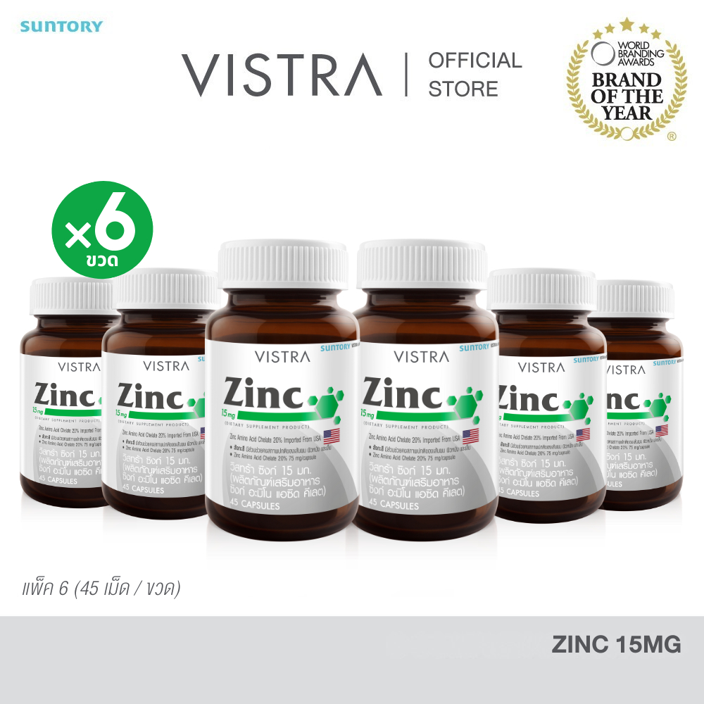 [แพ็ค 6 ขวด] VISTRA Zinc 15 mg - วิสทร้า วิตามินซิงก์ 15 มก.